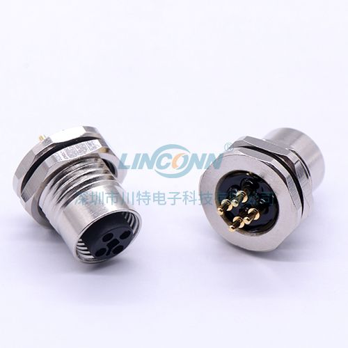 防水航空插头插座M12F7外(前)锁3/4/5芯母座,PCB针
